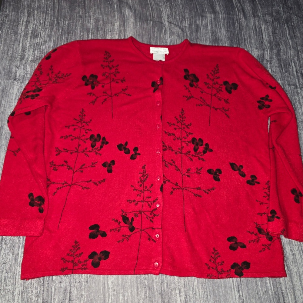 Designers Originals Red Botanical Print Button Up Cardigan Sweater‎ Women's L